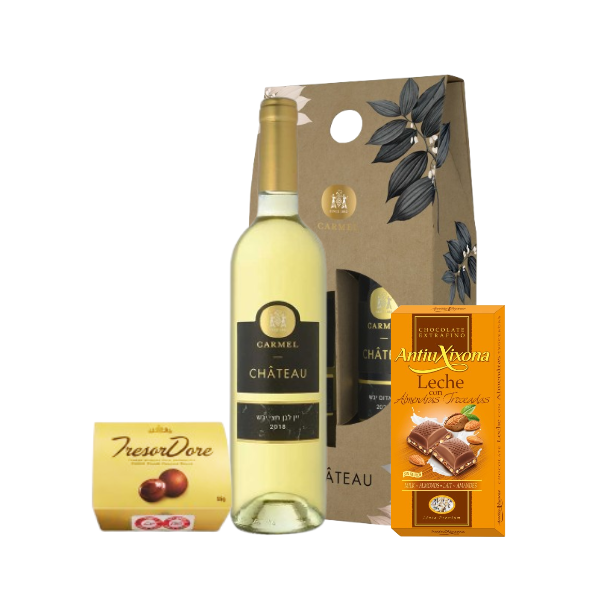 מארז מתנה הכולל יין לבן שאטו של יקב כרמל ושוקולדים במארז קרטון מעוצב.